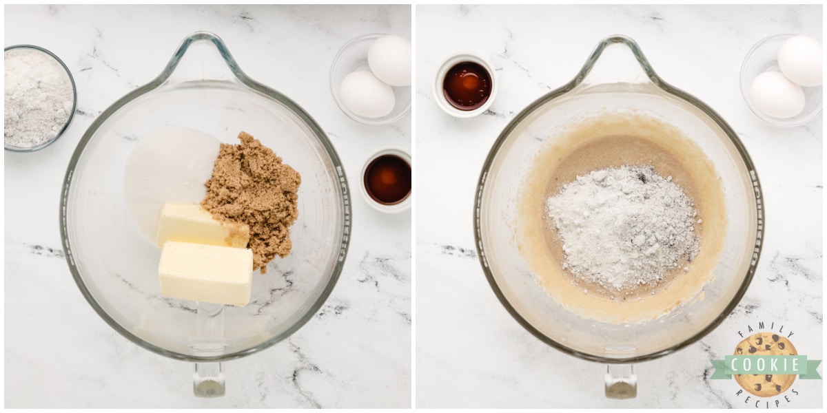 Mixing butter, sugars and pudding mix together. 