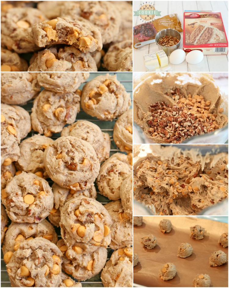 Caramel Spice Cake Mix Cookies made with just 5 ingredients! Soft & chewy spiced cookies with crunchy pecans and sweet caramel baking chips. Perfect Fall cookie recipe!