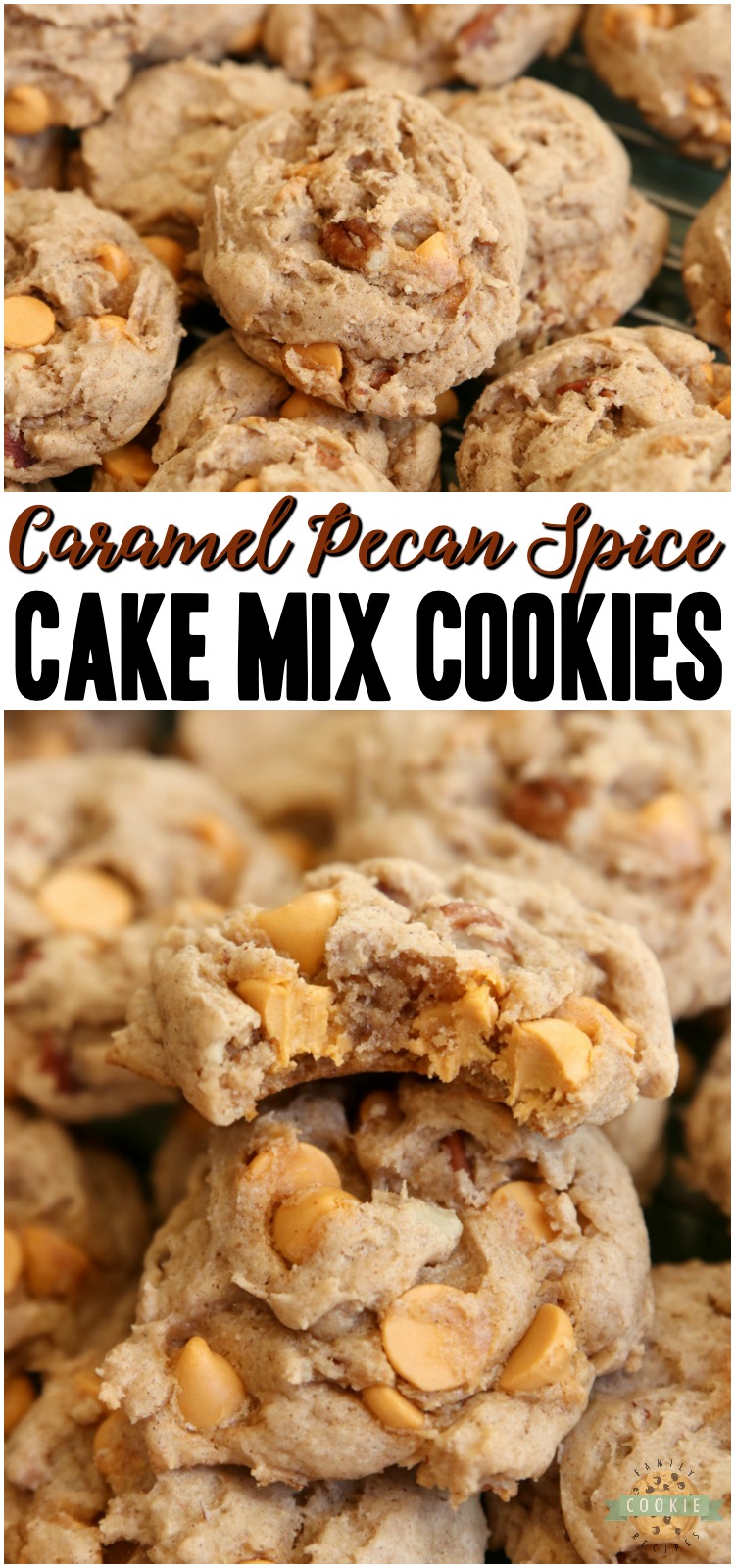 Caramel Spice Cake Mix Cookies made with just 5 ingredients! Soft & chewy spiced cookies with crunchy pecans and sweet caramel baking chips. Perfect Fall cookie recipe! #cookies #spicecakemix #cakemix #caramel #pecan #baking #dessert #recipe from FAMILY COOKIE RECIPES