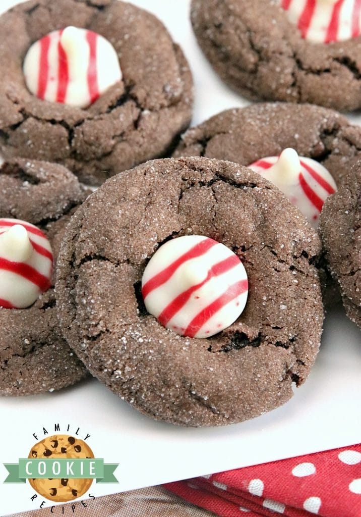 Chocolate Peppermint Blossoms are made with a cake mix, eggs, butter, and Hershey's Candy Cane Kisses. This easy cake mix cookie recipe yields soft and chewy chocolate cookies with just the right amount of peppermint!