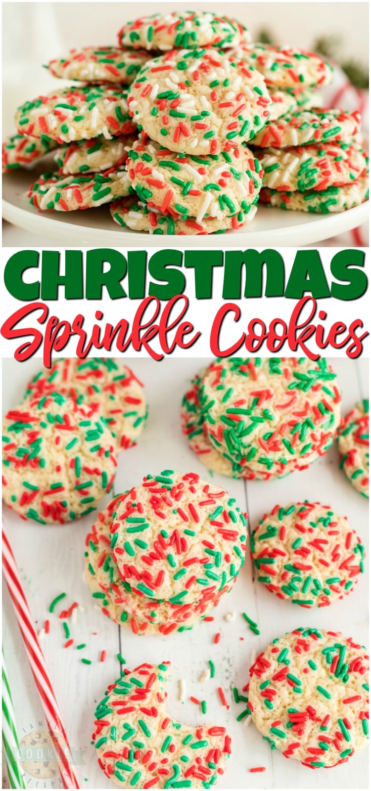 Christmas Sprinkle Cookies are sugar Cookies rolled in Christmas sprinkles for a special holiday treat! Delightfully soft & chewy Christmas cookies made with festive holiday sprinkles! #Christmas #sugarcookies #sprinkles #cookies #baking #holidays #neighborgifts #ChristmasCookies from FAMILY COOKIE RECIPES