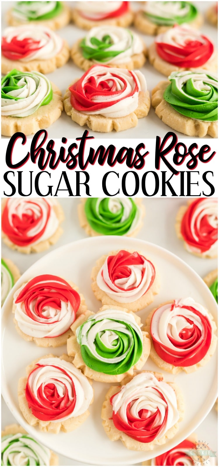 Frosted Rose Sugar Cookies are buttery, soft sugar cookies with a delicious swirled rosette on top! This sugar cookie recipe doesn’t require any chilling and you don’t have to roll them out either! Elegant Sugar Cookies that look like roses that are perfect as gifts! #cookies #Christmas #rose #roses #frosting #dessert #baking #holidays #recipe from FAMILY COOKIE RECIPES