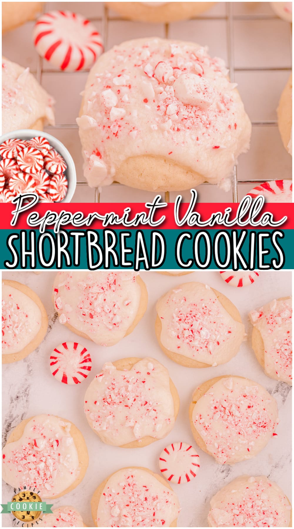 Peppermint Vanilla Shortbread Cookies are tender, buttery whipped shortbread with a lovely peppermint vanilla glaze! Delicious Christmas shortbread cookies for holiday trays!