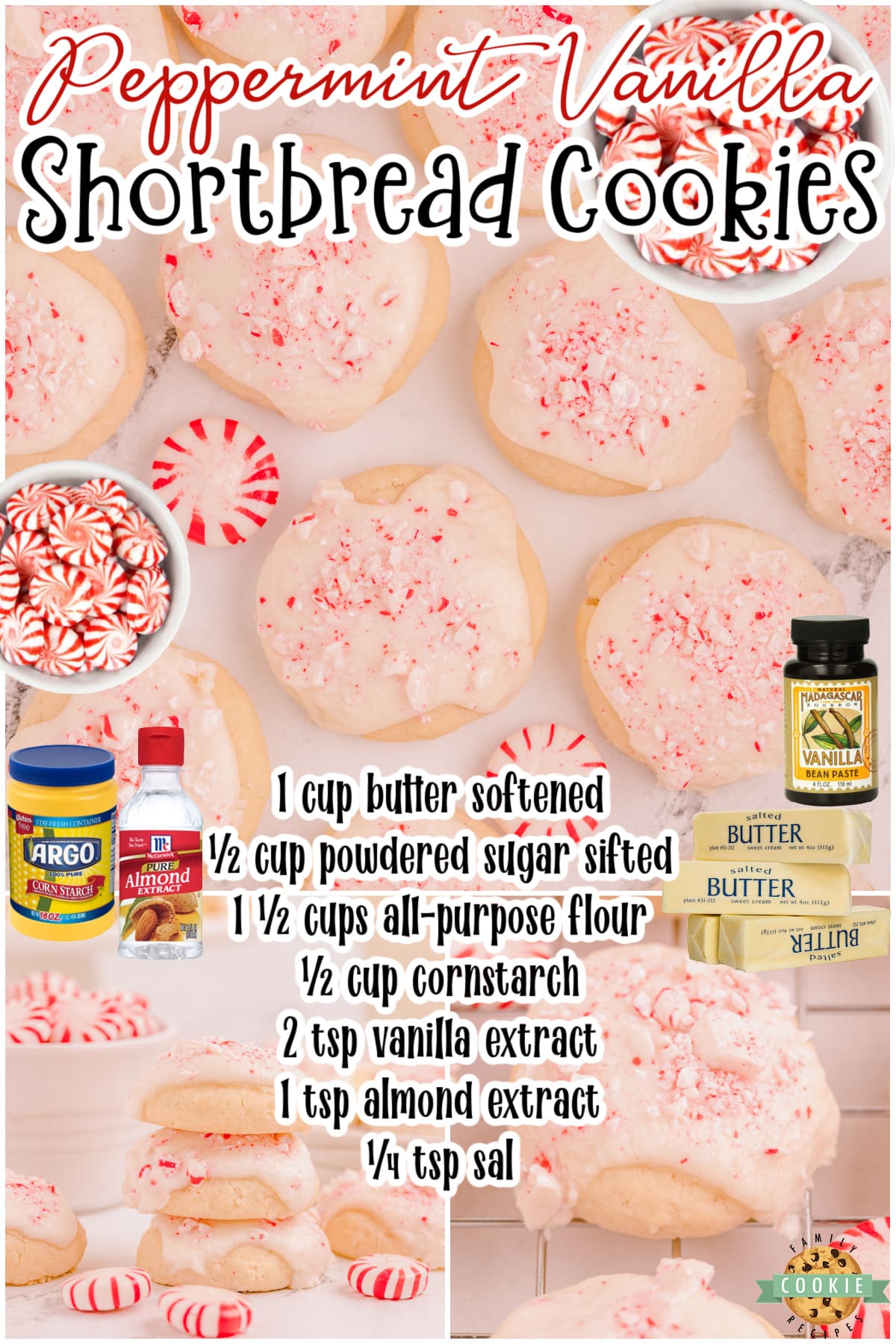 Peppermint Vanilla Shortbread Cookies are tender, buttery whipped shortbread with a lovely peppermint vanilla glaze! Delicious Christmas shortbread cookies for holiday trays!