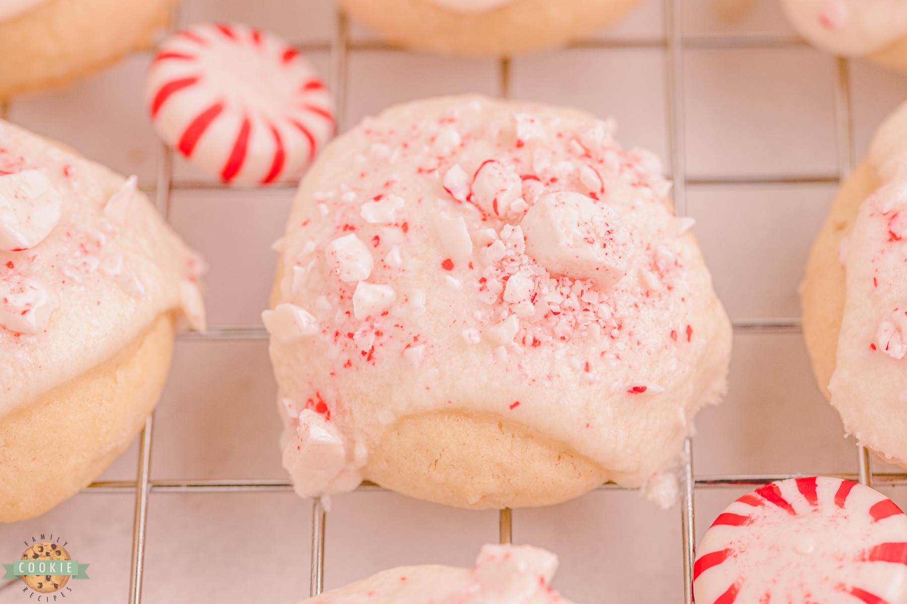 crushed peppermint on whipped shortbread cookies