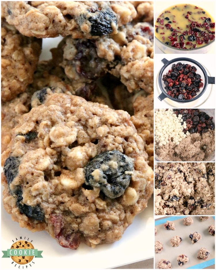 Step by step instructions on how to make oatmeal cookies with cherries and white chocolate chips