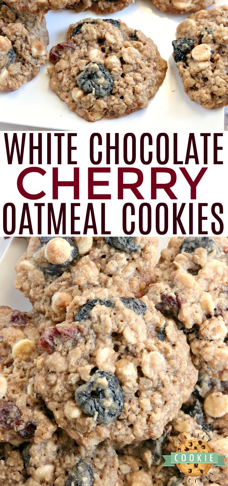 White Chocolate Cherry Oatmeal Cookies are made by adding white chocolate chips and dried cherries to the most amazing oatmeal cookie recipe ever! These cookies are soft and chewy and the flavors are incredible.