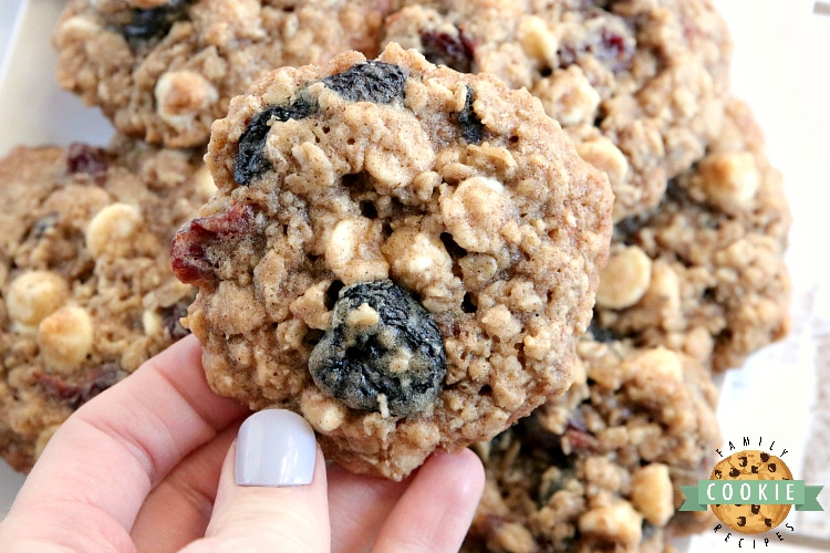 White Chocolate Cherry Oatmeal Cookies are made by adding white chocolate chips and dried cherries to the most amazing oatmeal cookie recipe ever! These cookies are soft and chewy and the flavors are incredible.