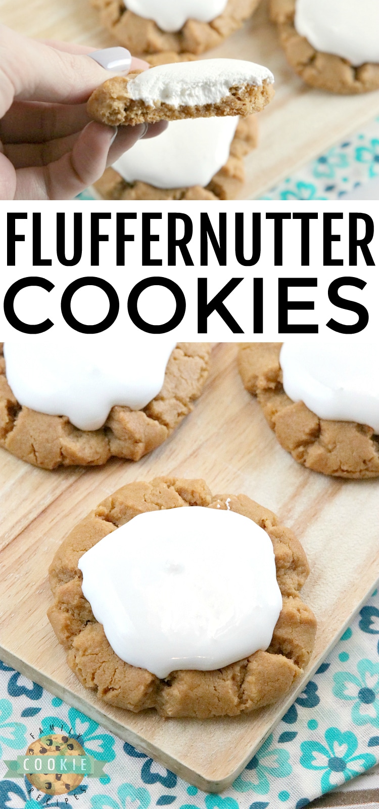 Fluffernutter Cookies take a traditional peanut butter cookie recipe to the next level by adding marshmallow fluff to the top! The peanut butter and marshmallow combination is absolutely amazing in this cookie recipe!