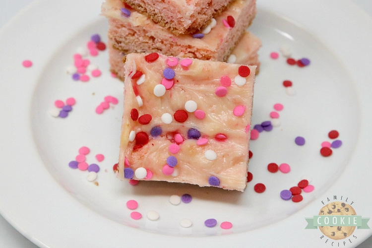 Strawberry cookie bars with swirled cream cheese filling