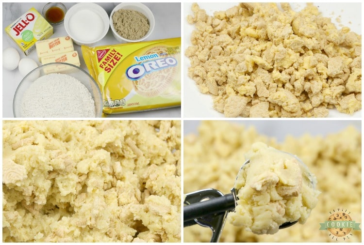 Step by step instructions on making lemon pudding cookies with crushed Lemon Oreos