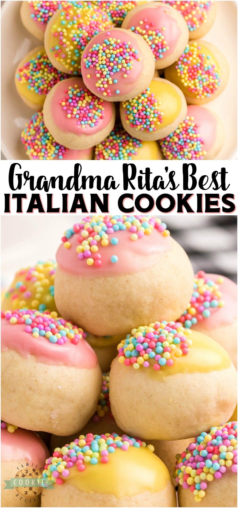 Lovely Italian Cookie recipe I got from my Grandmother! Tender dough rolled into balls, baked & topped with a sweet glaze and colorful sprinkles perfect for any occasion!