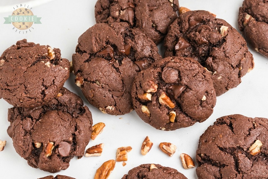 Chocolate Cake Mix Cookies made with 5 ingredients in minutes! Soft, fudgy chocolate cookies made from cake mix loaded with chocolate chips and pecans. Perfect easy chocolate cake mix cookie recipe!