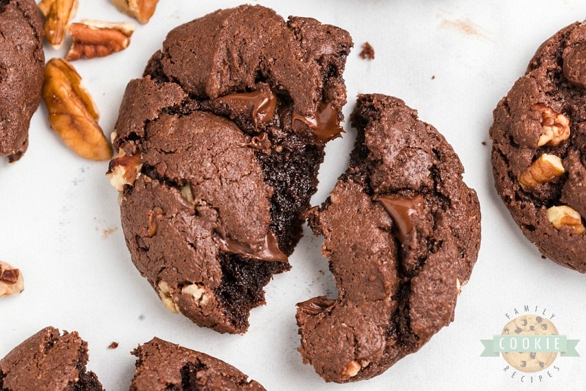 Chocolate Cake Mix Cookies made with 5 ingredients in minutes! Soft, fudgy chocolate cookies made from cake mix loaded with chocolate chips and pecans. Perfect easy chocolate cake mix cookie recipe!