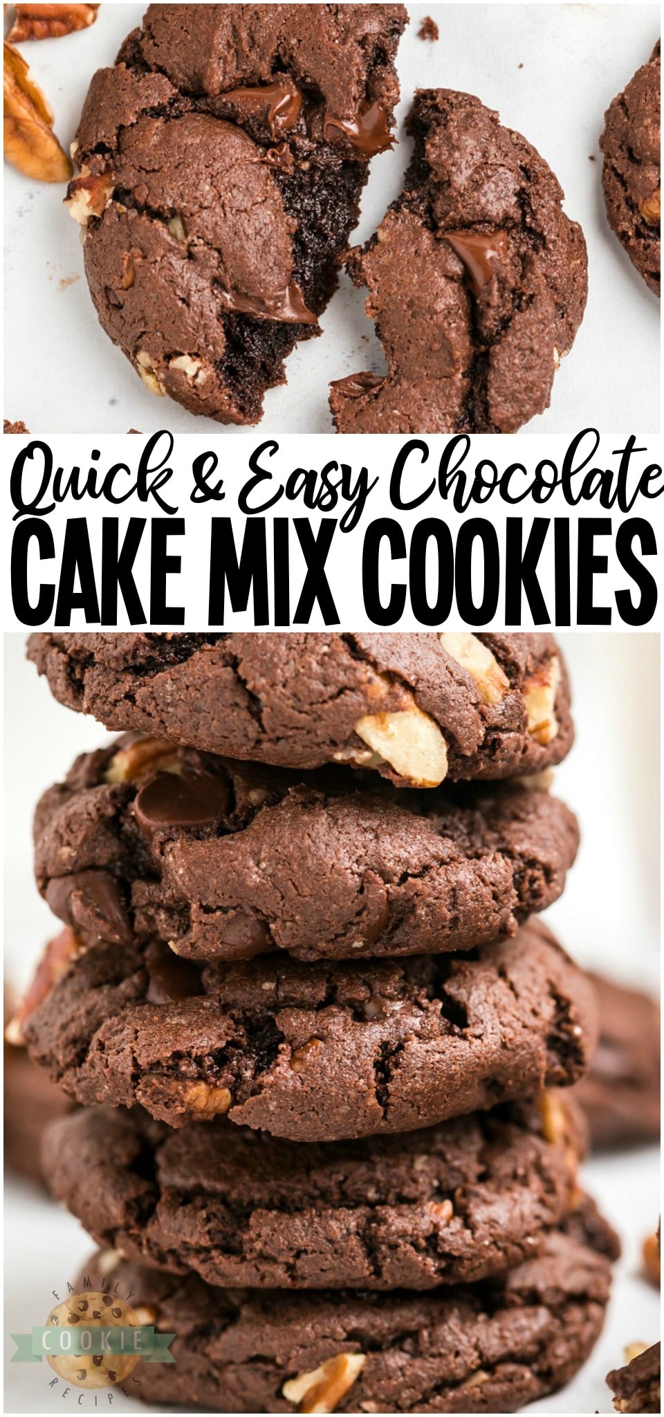 Chocolate Cake Mix Cookies made with 5 ingredients in minutes! Soft, fudgy chocolate cookies made from cake mix loaded with chocolate chips and pecans. Perfect easy chocolate cake mix cookie recipe! #cookies #chocolate #cakemix #easycookies #cookie #recipe #baking #dessert from FAMILY COOKIE RECIPES via @buttergirls