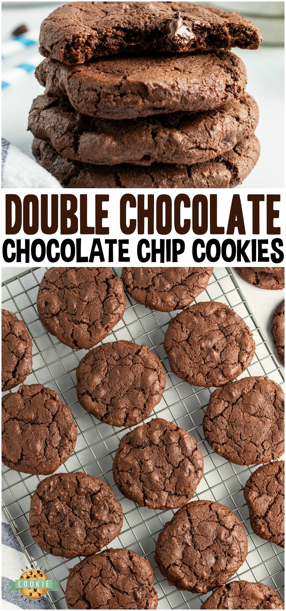 Double Chocolate Chip Cookies made with twice the chocolate for the ultimate chocolate chip cookie! Soft chewy cookies with fantastic chocolate flavor for those who LOVE chocolate!