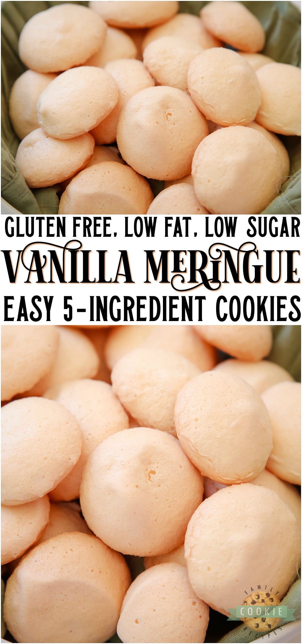 Easy Vanilla Meringue Cookies made with just 5 ingredients that you probably already have in your pantry! Simple gluten free, low fat, low sugar meringue cookie recipe flavored with vanilla extract for a sweet, crisp and chewy treat. #meringue #vanilla #cookies #lowfat #lowsugar #glutenfree #baking #dessert recipe from FAMILY COOKIE RECIPES via @buttergirls
