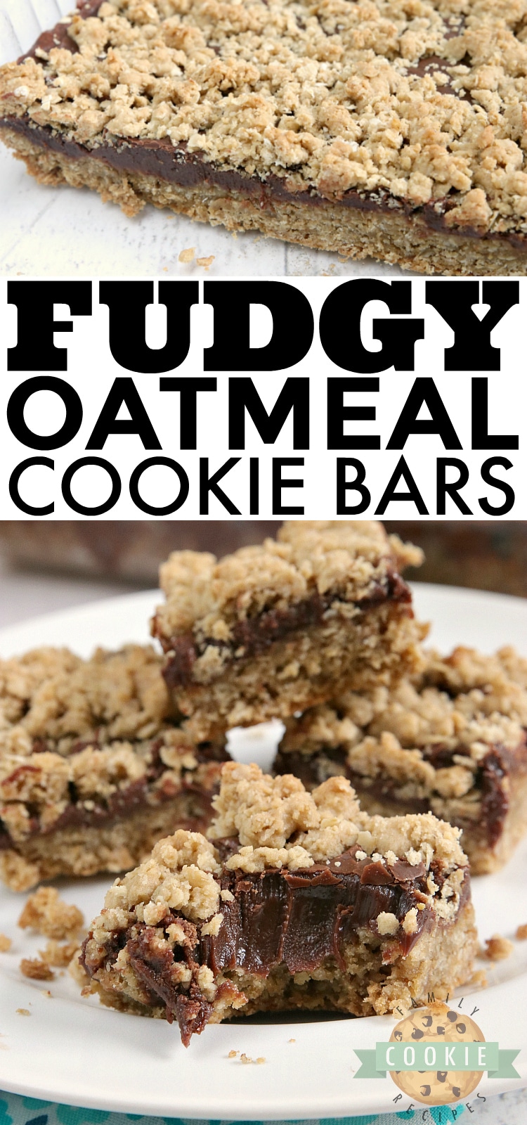 Fudgy Oatmeal Cookie Bars are made with a thick chocolate ganache in between two layers of a soft and chewy oatmeal cookie recipe.  This cookie bar recipe is absolutely amazing!