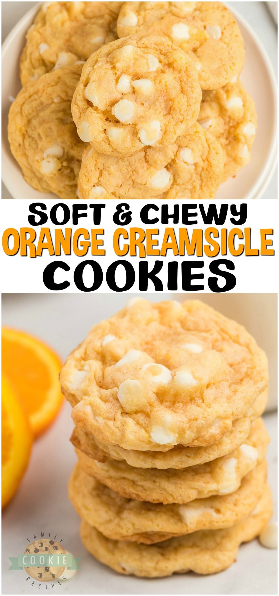 Orange Creamsicle Cookies are creamsicles in cookie form! Soft & chewy cookies with bright orange flavor and sweet white chocolate chips.