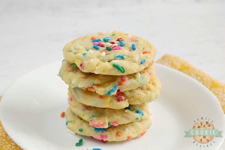 Birthday Cake Cookies are soft vanilla cookies with lots of sprinkles! This simple cookie recipe tastes like your favorite birthday cake in cookie form.