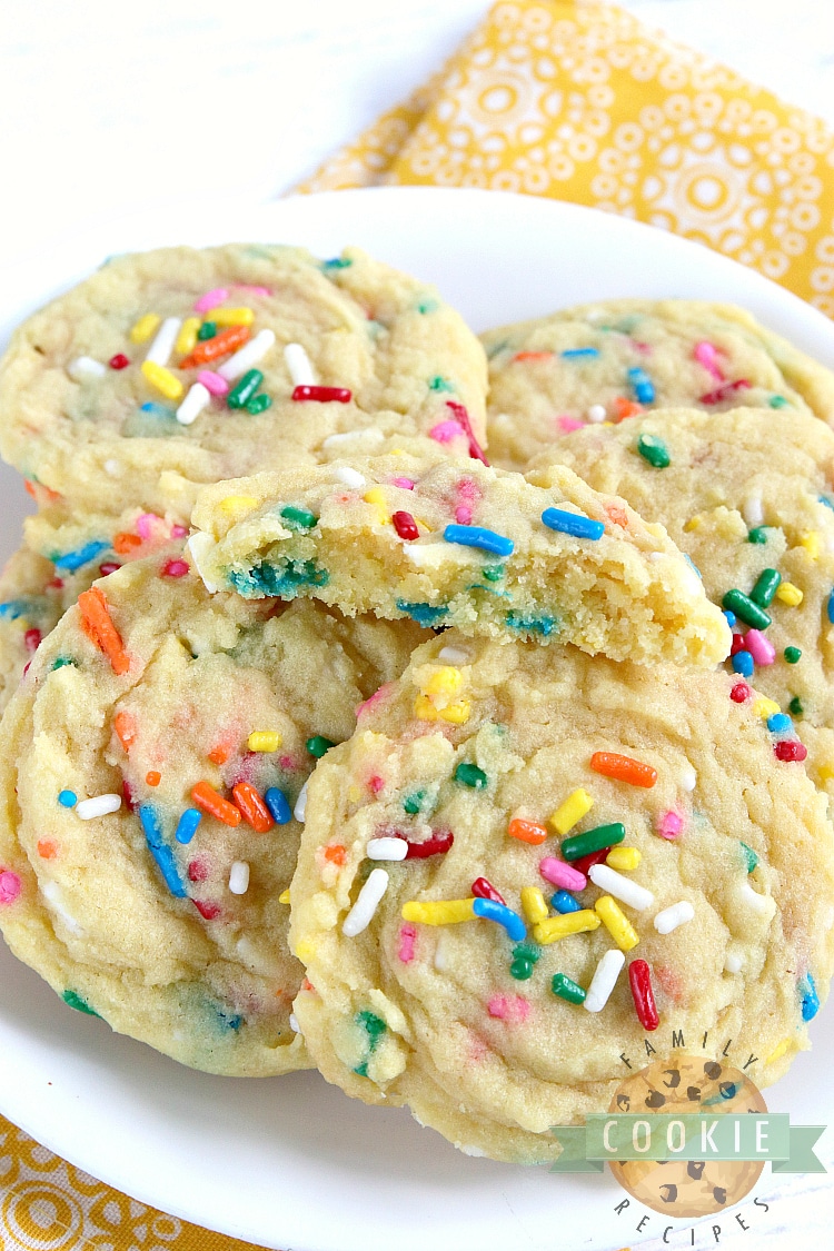 Birthday Cake Cookies are soft vanilla cookies with lots of sprinkles! This simple cookie recipe tastes like your favorite birthday cake in cookie form.