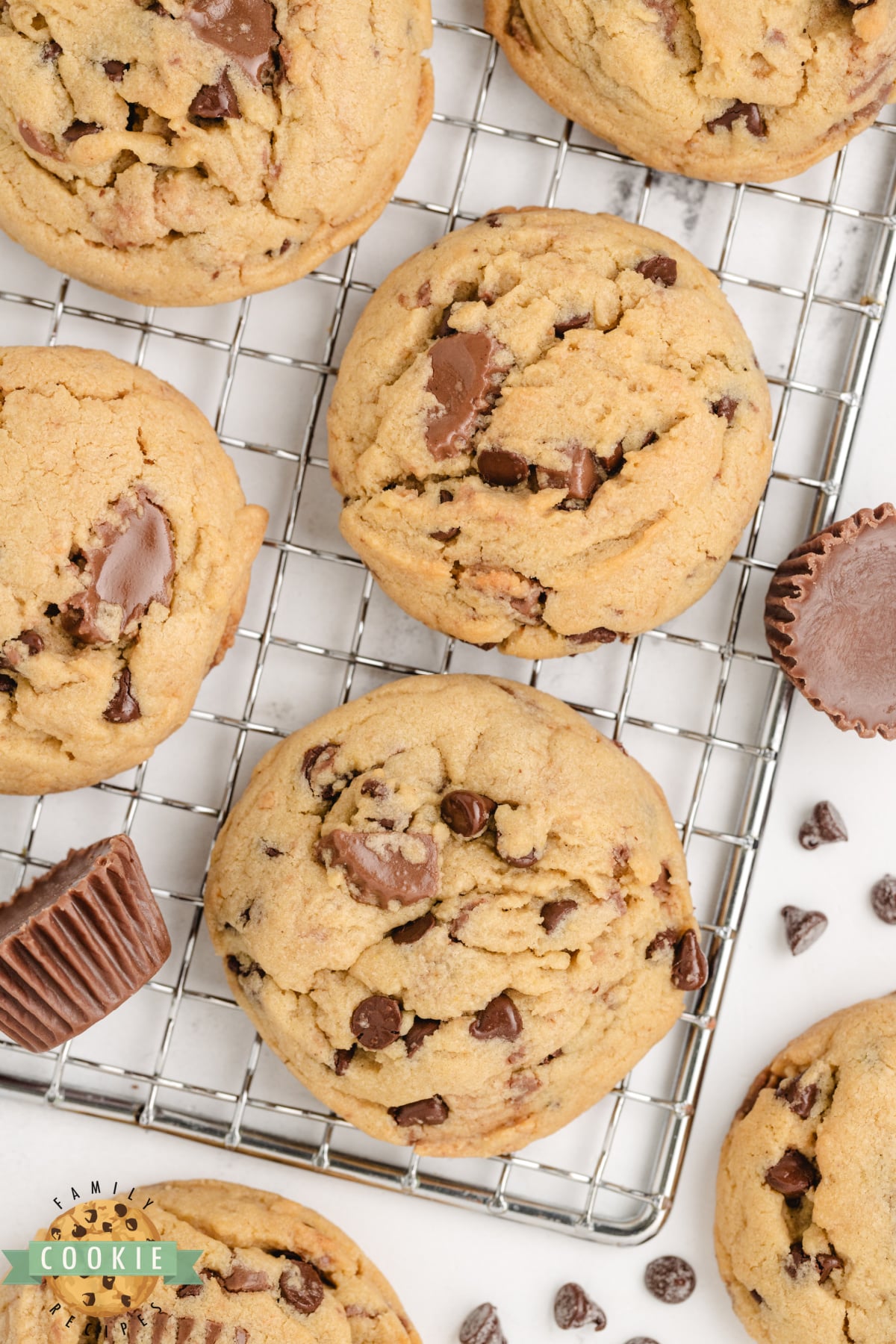 Peanut butter cookie recipe with chocolate chips and peanut butter cups. 