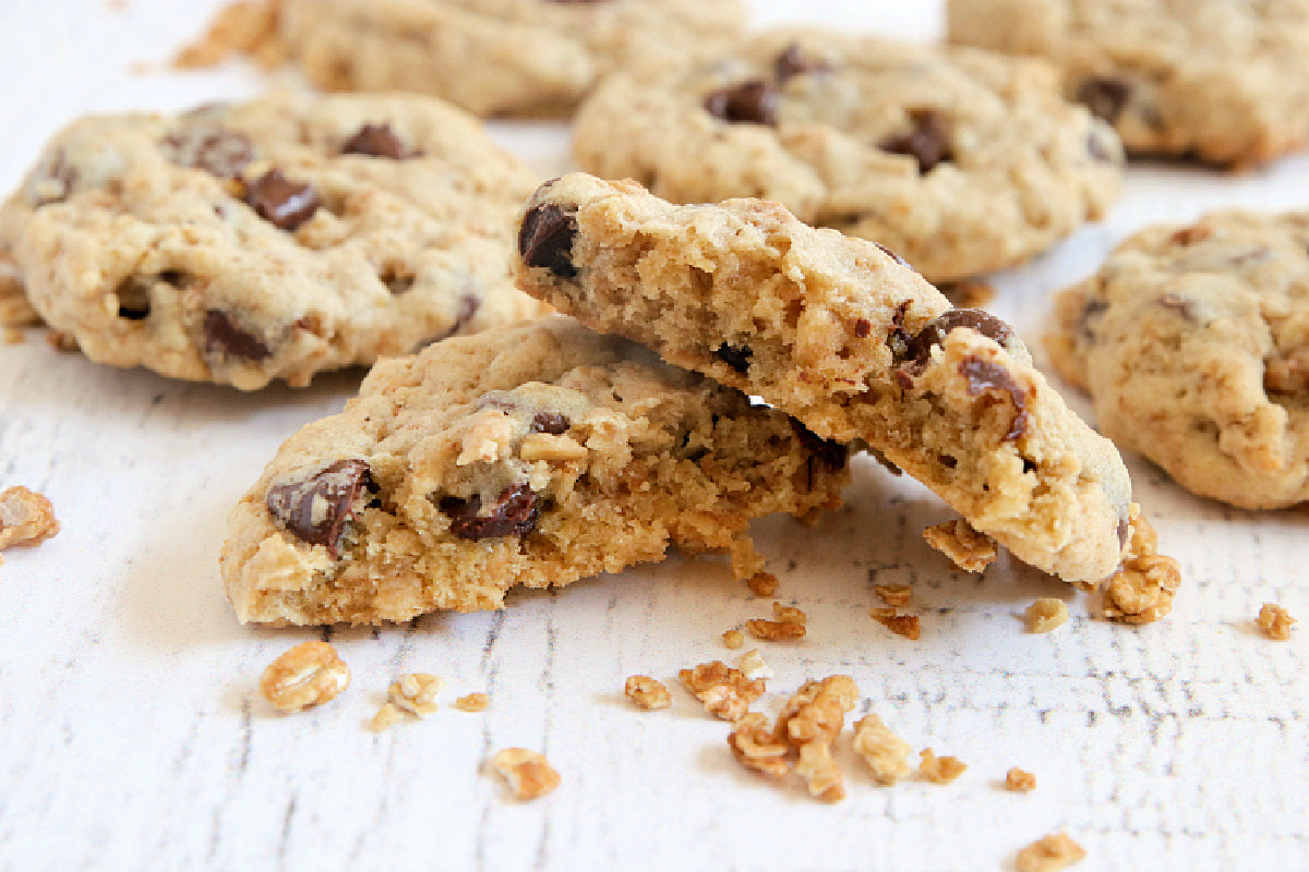 Chocolate chip cookies made with protein powder and granola. 