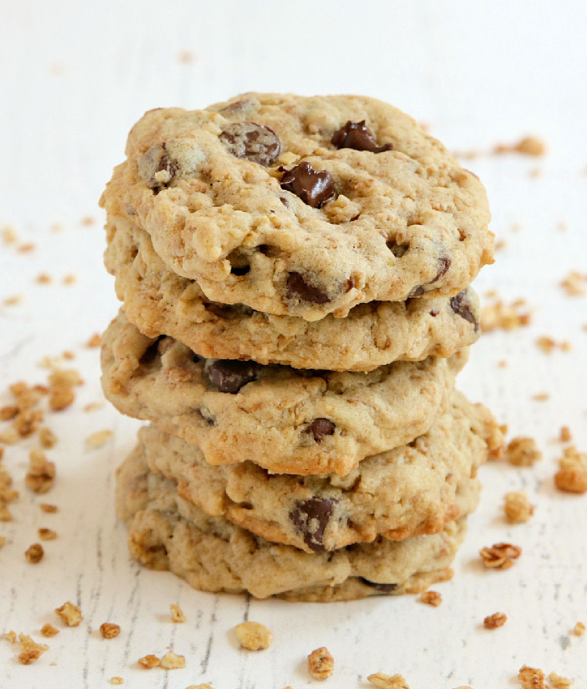 Stack of granola chocolate chip cookies.