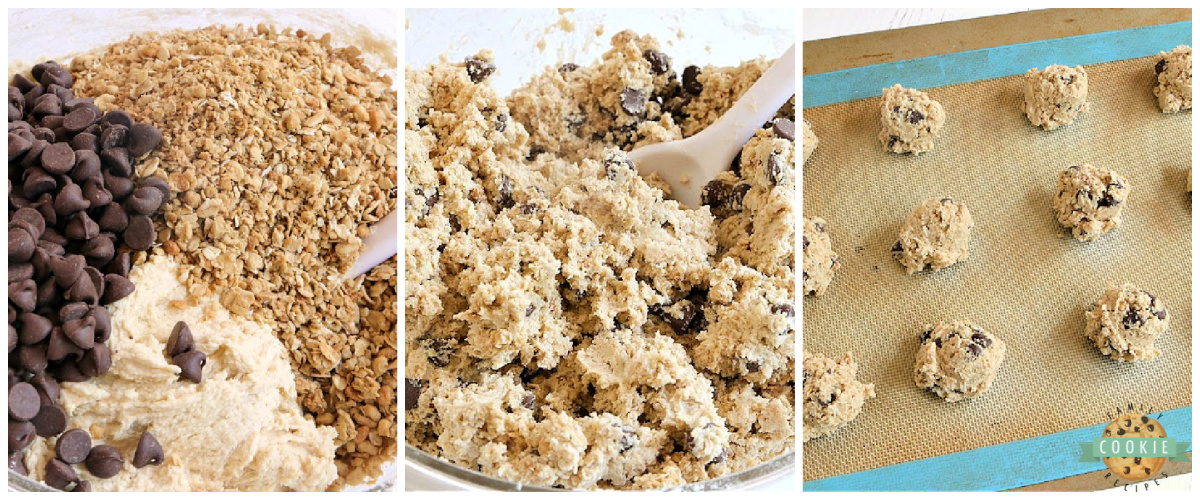 Step by step instructions on how to make Granola Chocolate Chip Cookies. 