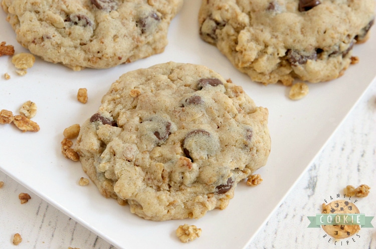 Granola Chocolate Chip Cookies are soft, chewy, full of protein and crunchy granola. With 5 grams of protein per cookie and a little bit of crunch, these have become my new favorite cookie!