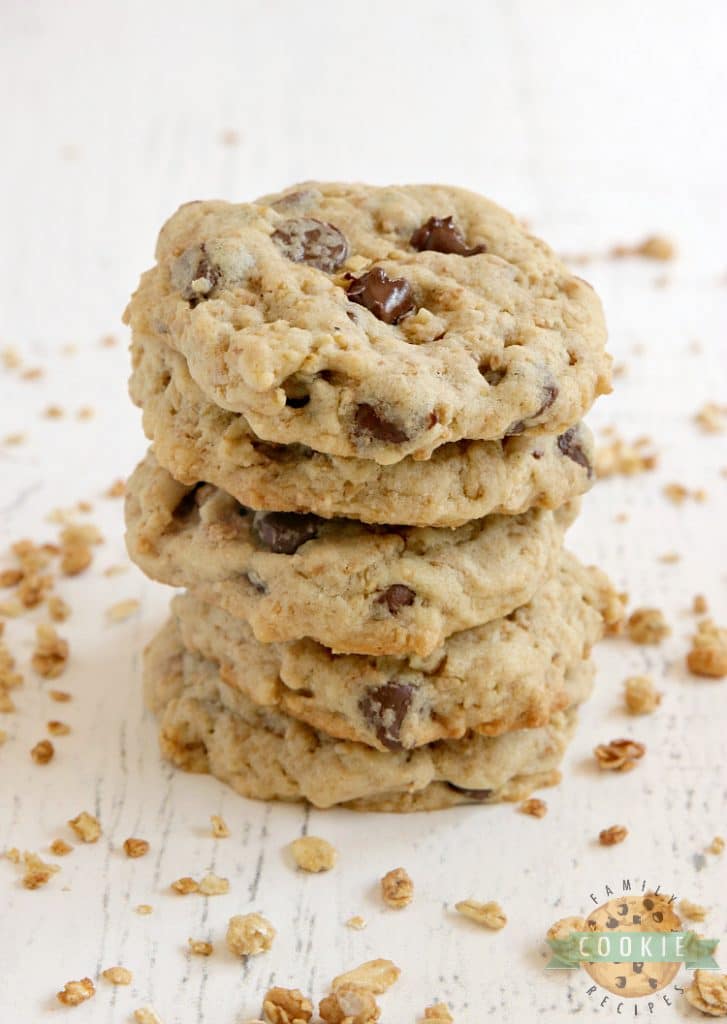 Granola Chocolate Chip Cookies are soft, chewy, full of protein and crunchy granola. With 5 grams of protein per cookie and a little bit of crunch, these have become my new favorite cookie!