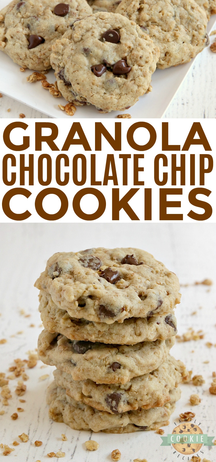 Granola Chocolate Chip Cookies are soft, chewy, full of protein and crunchy granola. With 5 grams of protein per cookie and a little bit of crunch, these have become my new favorite cookie!