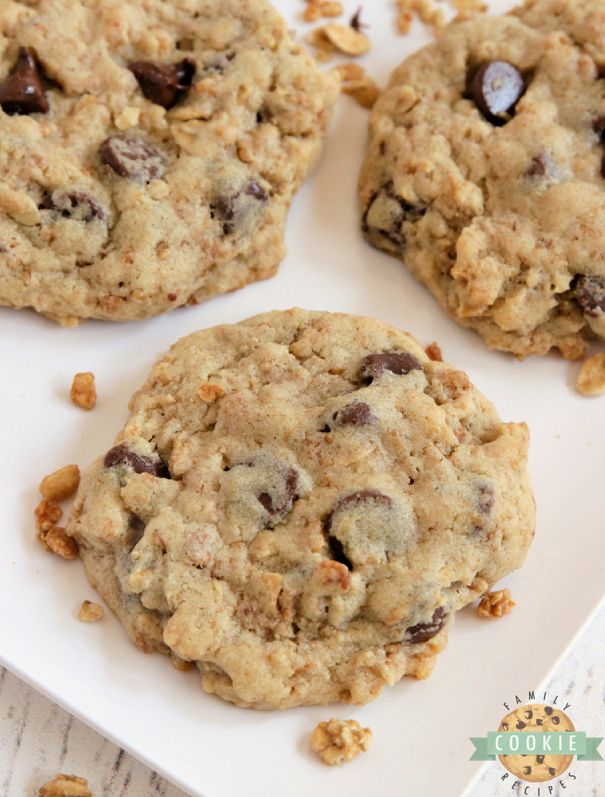Granola Chocolate Chip Cookies are soft, chewy, and filled with oats, granola, and chocolate chips. A satisfying, higher-protein cookie!
