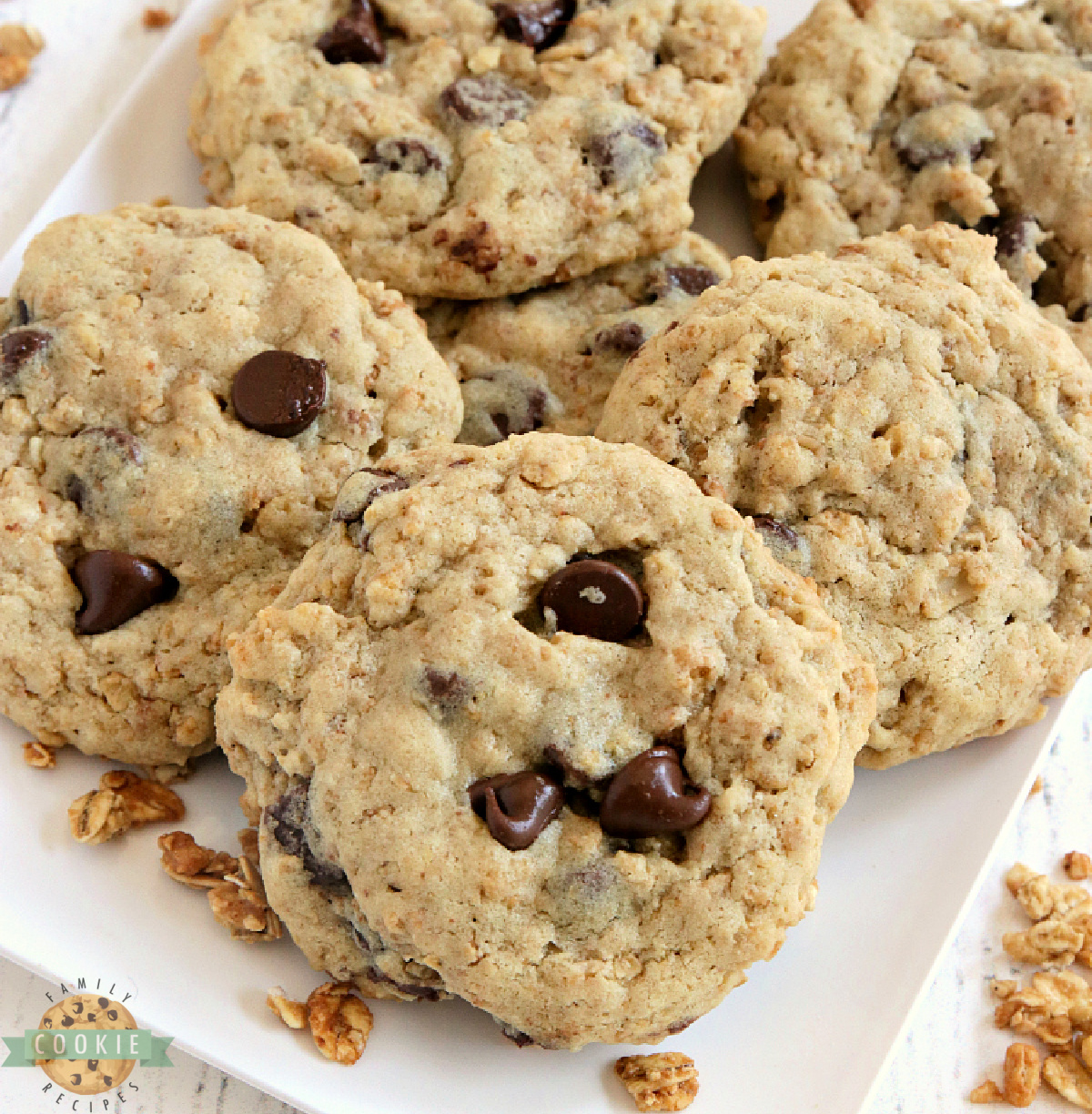 Granola Chocolate Chip Cookies are soft, chewy, and filled with oats, granola, and chocolate chips. A satisfying, higher-protein cookie!