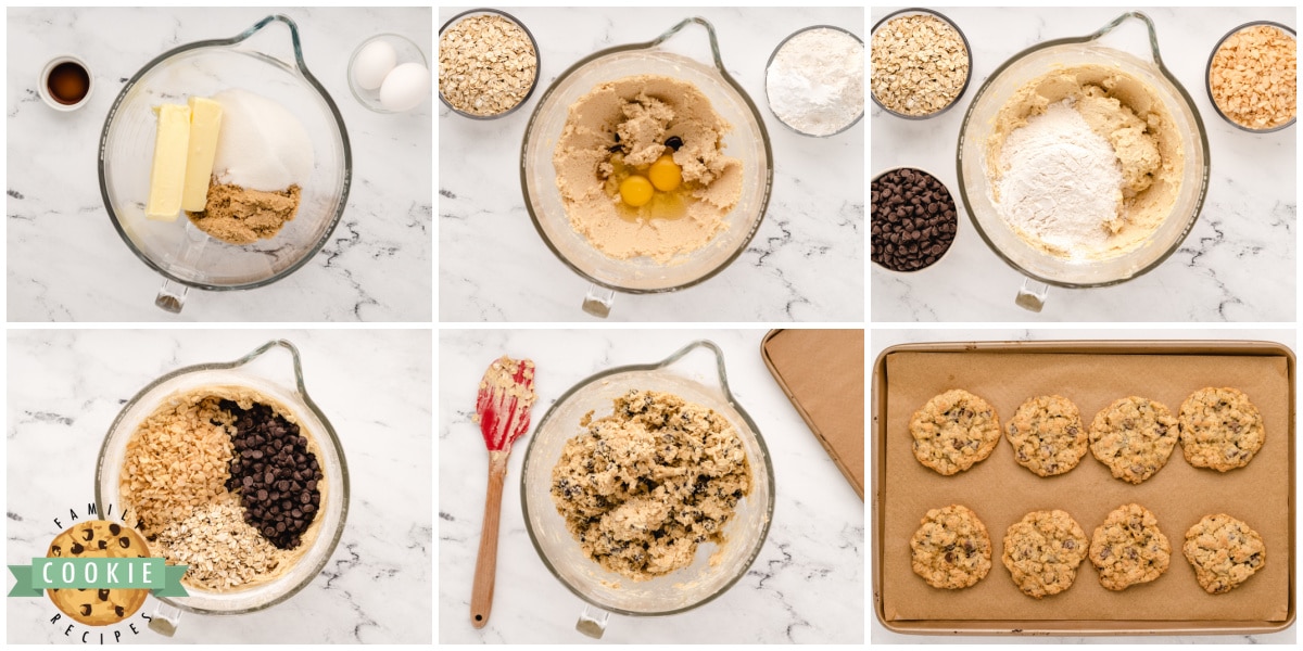 Step by step instructions on how to make chocolate chip cookies with oats and crispy rice cereal