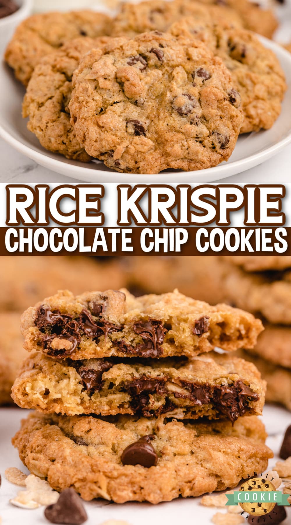 Rice Krispie Chocolate Chip Cookies are soft, chewy, and have a little extra crunch! Adding rice krispie cereal to chocolate chip cookies is such a good idea - you'll never want to eat them without that extra addition again!