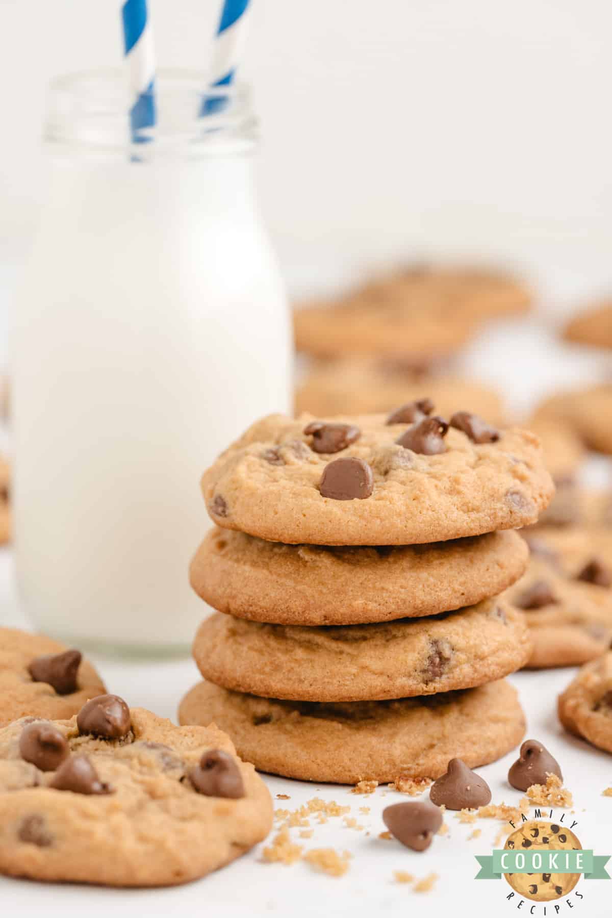 Stack of chocolate chip cookies made with butterscotch pudding mix.