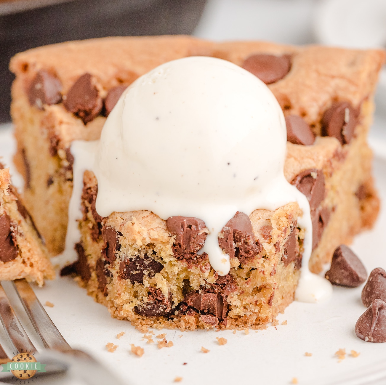 slice of cast iron skillet cookie with ice cream