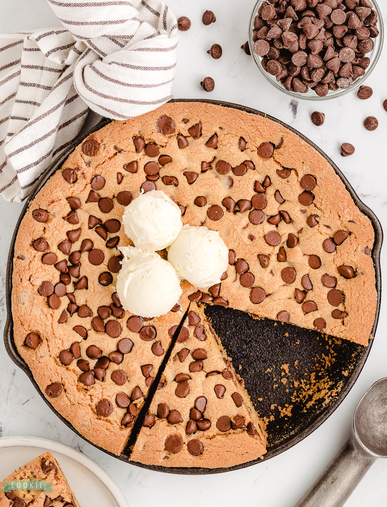 cast iron skillet cookie topped with ice cream