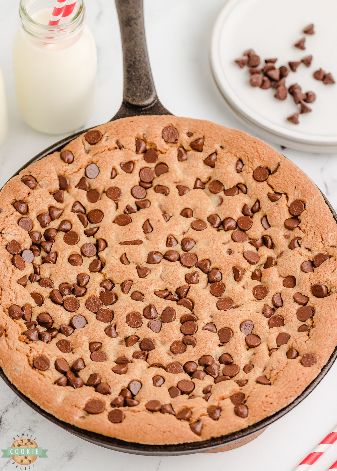 chocolate chip cookie baked in a cast iron skillet