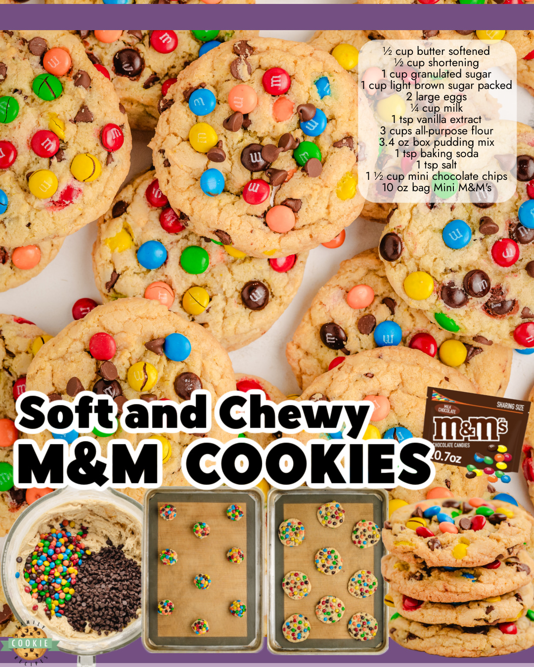 Tips & Tricks for making M&M Cookies

Don’t skip the pudding mix (and use instant, not cook & serve): This is the ingredient that locks in that soft, bakery-style texture and keeps the cookies chewy for days instead of dry or crumbly. 

Use mini chips + mini M&Ms, not full size: Smaller pieces distribute more evenly through the dough so every bite has chocolate and candy without weighing the cookies down or making them hard to scoop. 

Press M&Ms onto the outside of each dough ball: Mixing some in isn’t enough for that bakery look—coating the tops right before baking gives the cookies their signature colorful finish.