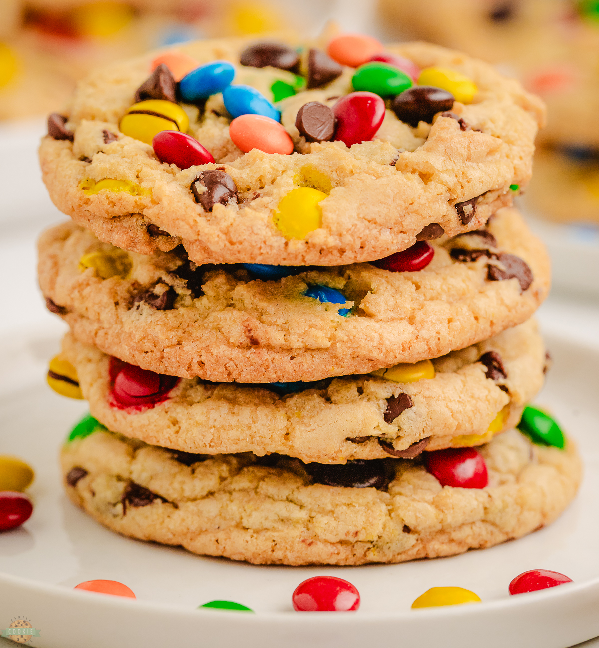 stack of homemade M&M cookies