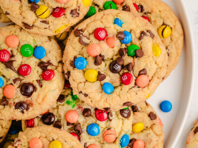 plateful of chewy M&M cookies