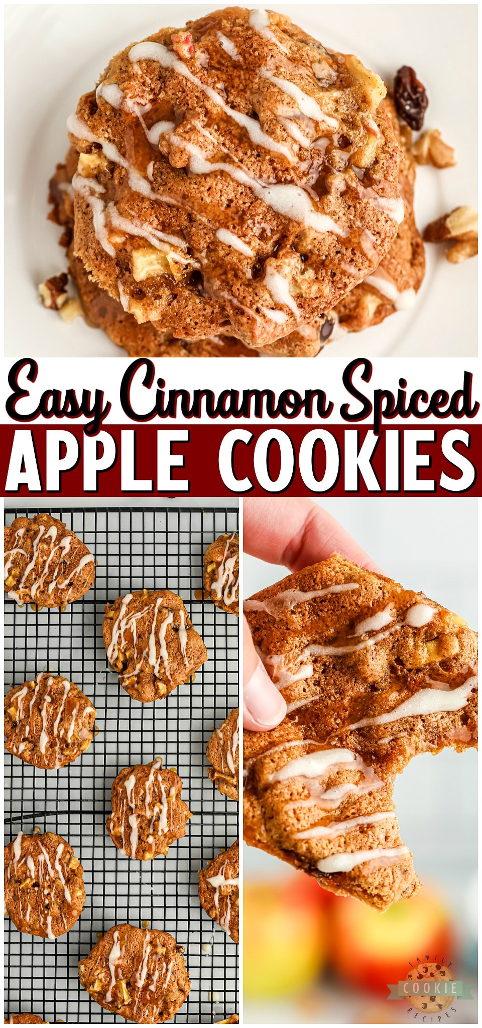 Apple Spice Cookies are soft & chewy cookies packed with fresh apples & fall spices! With chopped apples, walnuts, and a simple powdered sugar glaze on top, these cookies are hard to resist! #apples #cookies #cinnamon #Fall #baking #dessert #recipe from FAMILY COOKIE RECIPES via @buttergirls