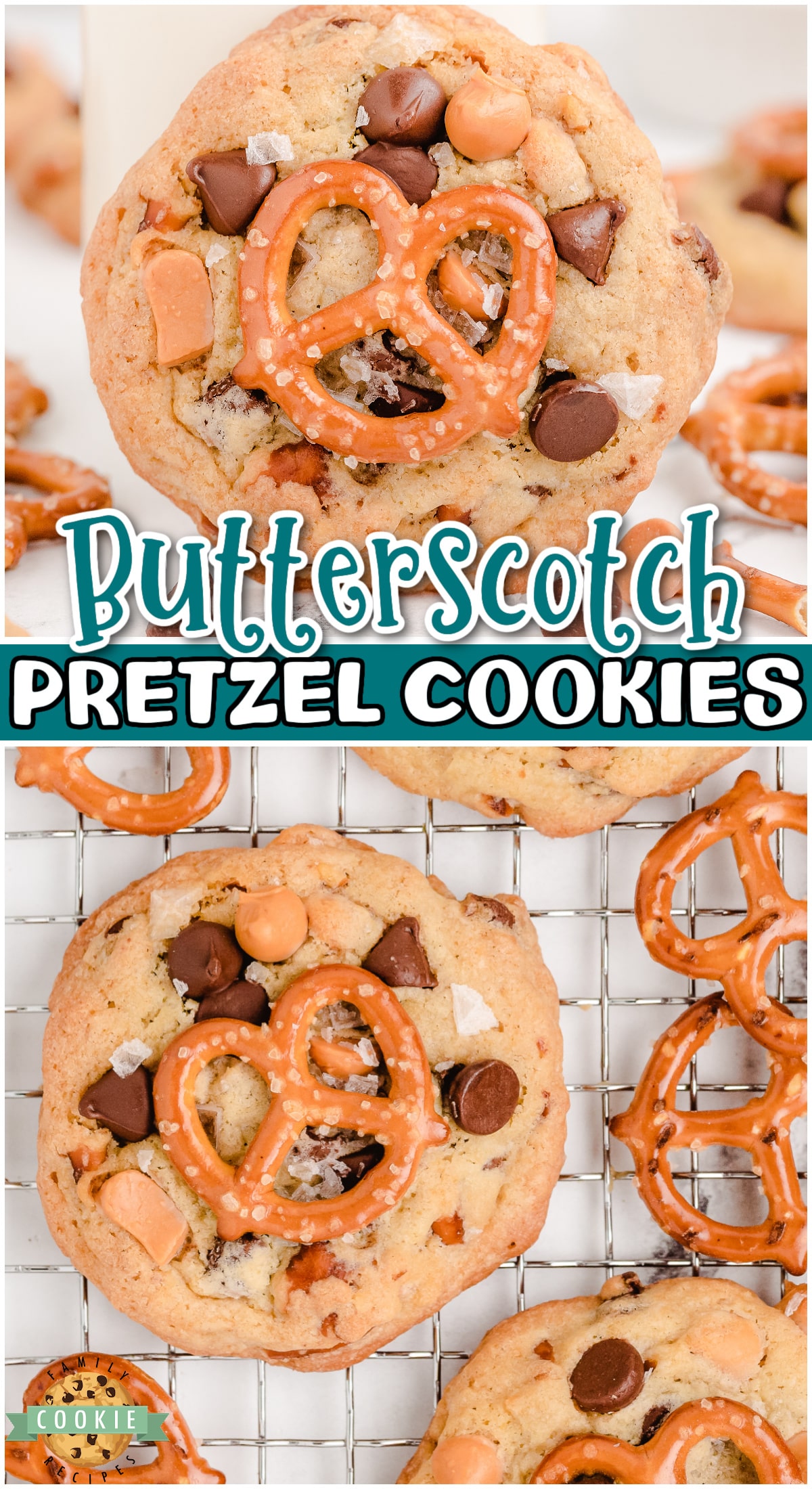 Sea Salt Butterscotch Pretzel Cookies are sweet and salty cookies that pack a crunch & a whole lot of flavor! With sea salt, pretzels, chocolate + butterscotch chips, these loaded cookies are amazing!