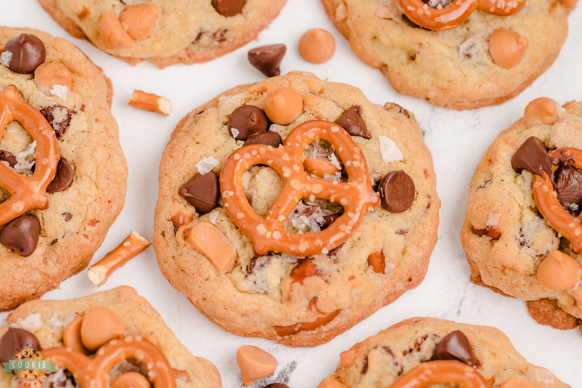 butterscotch pretzel cookies topped with sea salt