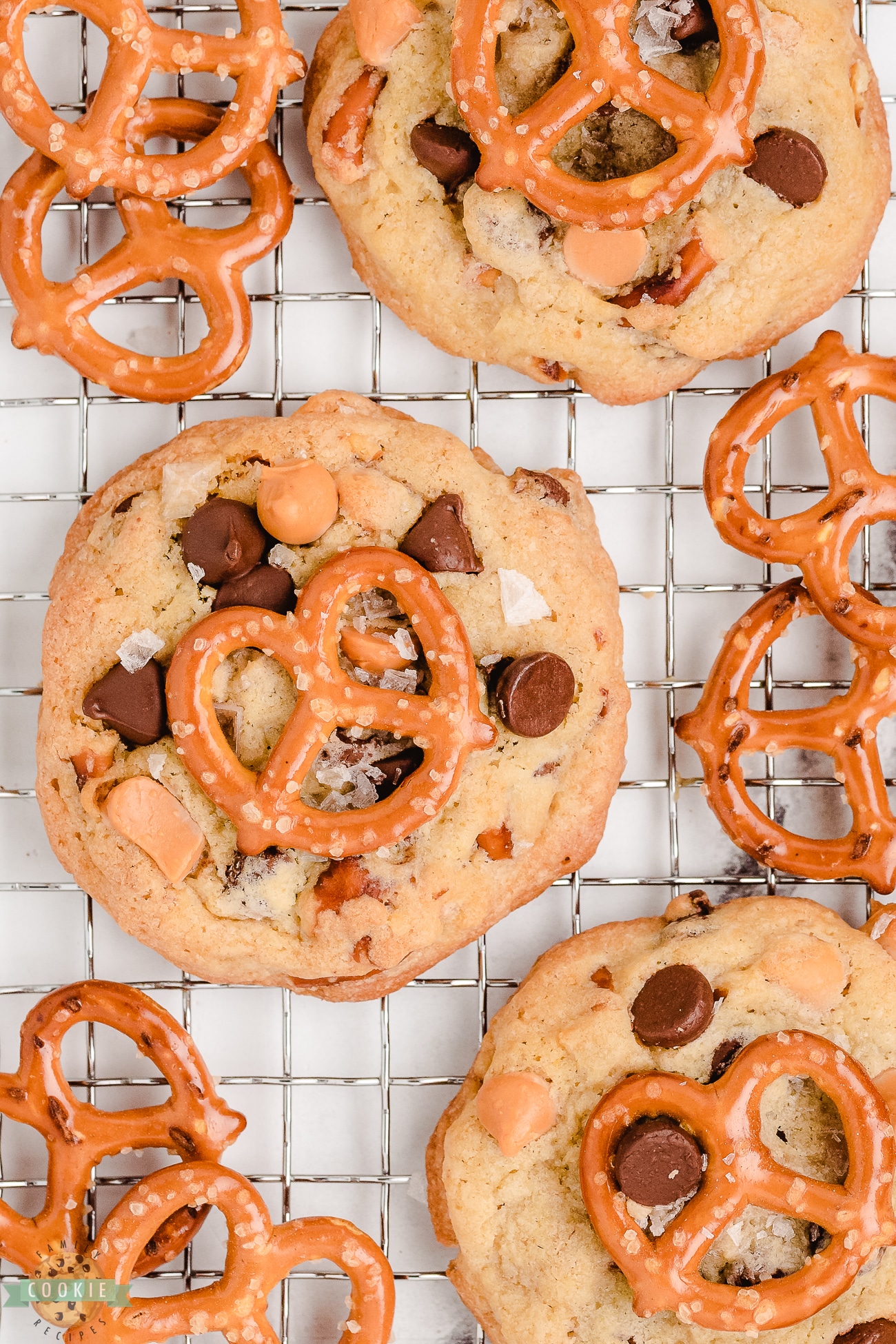 butterscotch pretzel cookies on a cooling rack