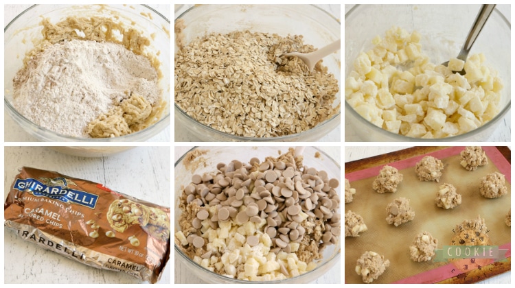 Step by step instructions on how to make oatmeal cookies with apples and caramel chips