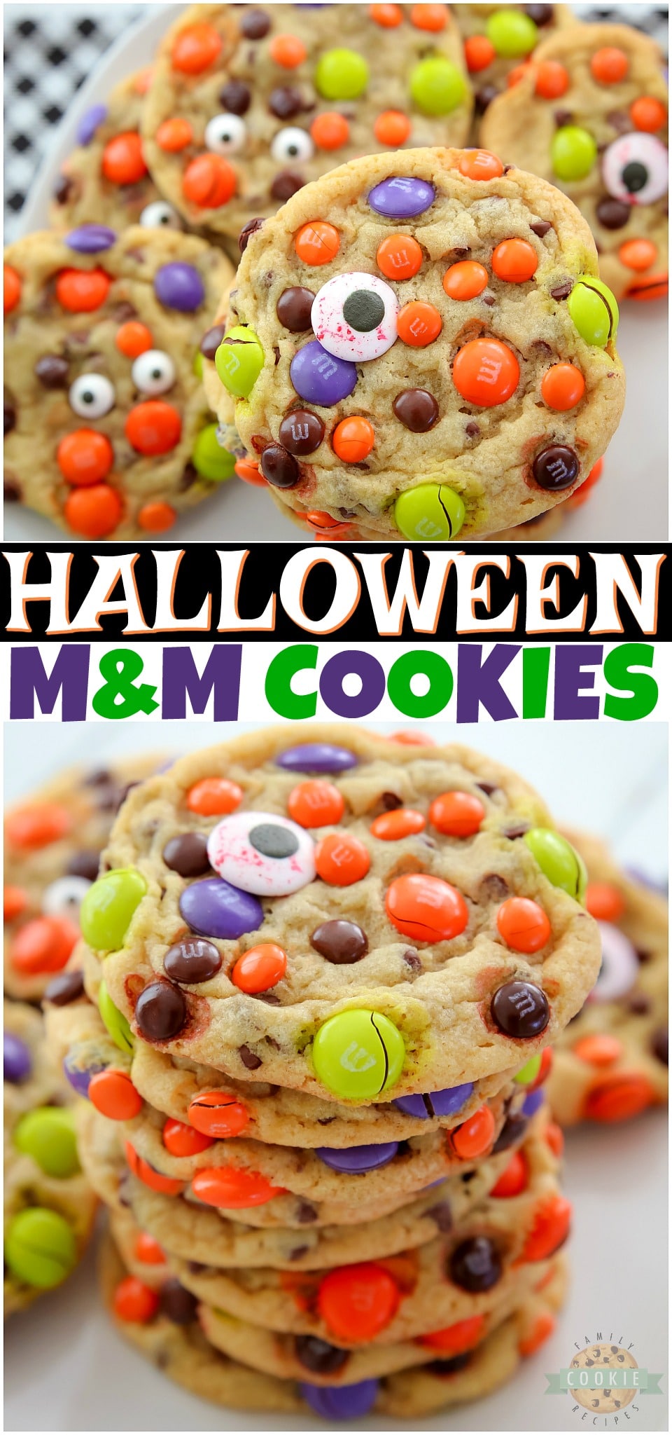 Perfect M&M HALLOWEEN Cookies made with butter, sugars, pudding mix & festive M&M’s candies! Fun & festive Halloween Cookie recipe with candy that everyone loves! #cookies #M&M #Halloween #cookierecipe #HalloweenCookies #easyrecipe from FAMILY COOKIE RECIPES via @buttergirls