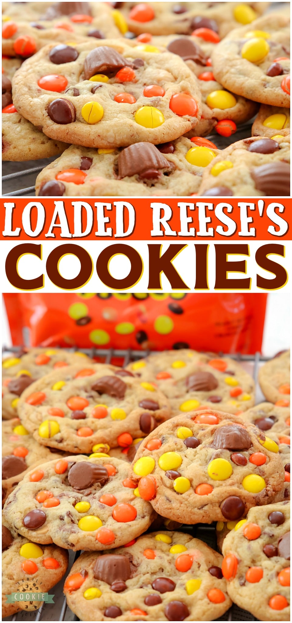 Loaded Reese's Pieces Cookies PERFECT for Reese's Peanut Butter Cup lovers! Soft & buttery cookies packed with Reese's Pieces & topped with mini PB cups for an over-the-top Reese's dessert!